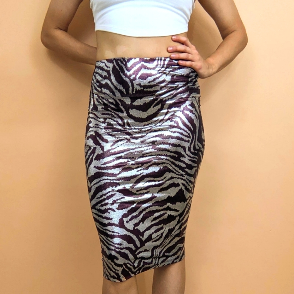 Vintage Sparkly Chrome Silver Brown Zebra Midi Skirt - S